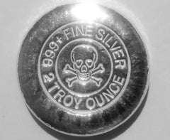 2 troy oz .999 fine silver skull-and-bones hand poured loaf round