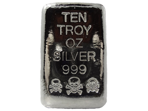 10 troy oz .999 fine silver bullion hand poured Skull and Crossbones loaf bar