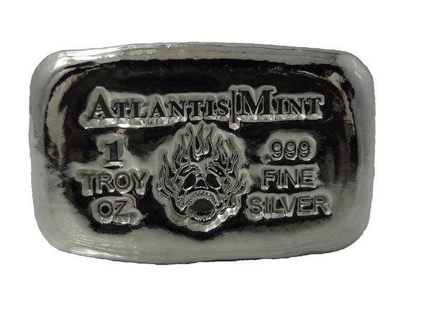 1 troy oz .999 fine silver bullion Skull and Flame hand poured loaf bar