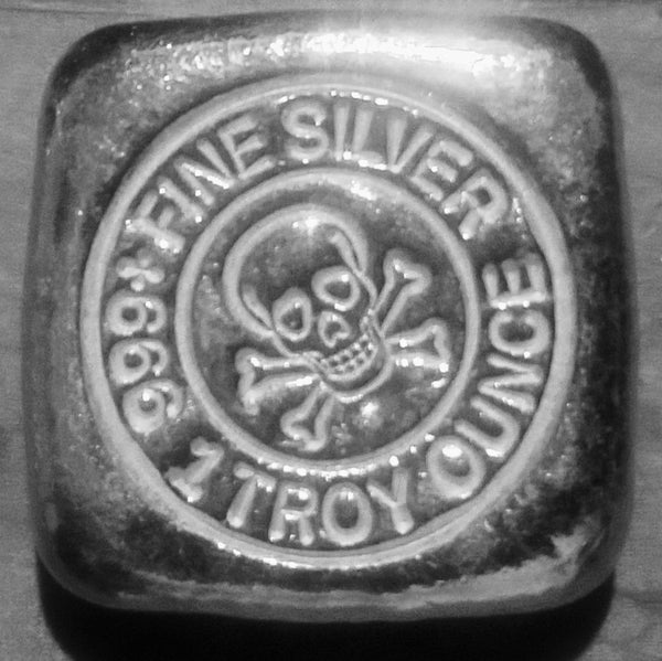 1 troy oz .999 fine silver bullion hand poured Skull and Crossbones square