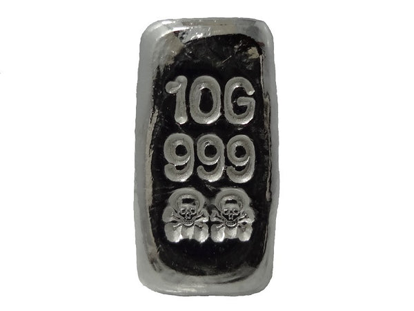 10 gram .999 fine silver bullion Skull and Crossbones hand poured loaf bar